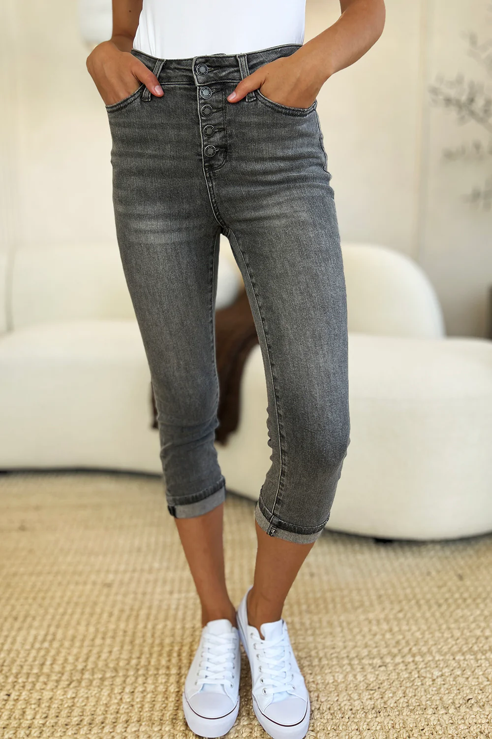 Judy Blue Full Size Button Fly High Waist Cuffed Capris - Stylemaxs