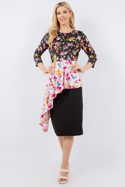 Celeste Full Size Floral Asymmetrical Hemline Round Neck Top Plus Size - Stylemaxs
