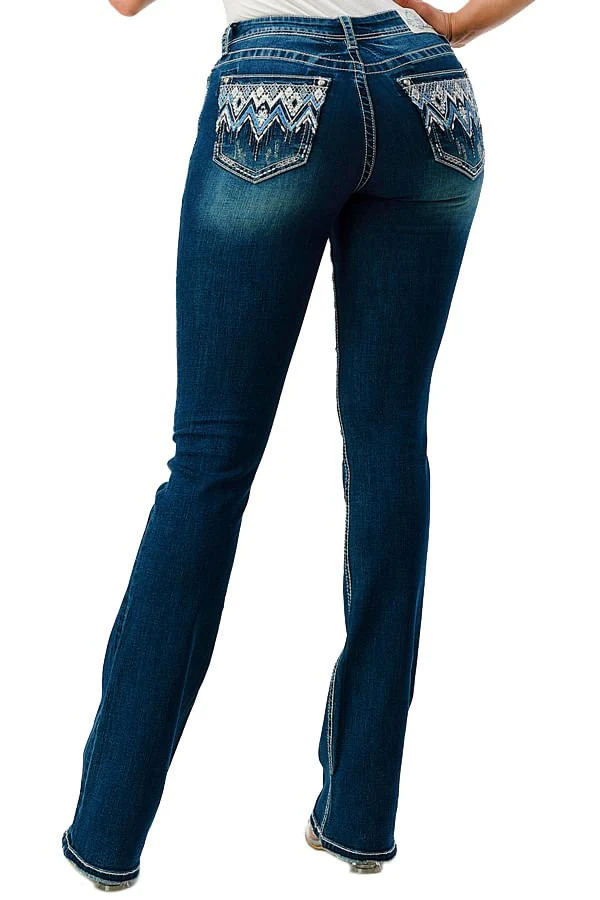 Grace in LA Aztec Embroidered Mid Rise Bootcut Jeans - Stylemaxs