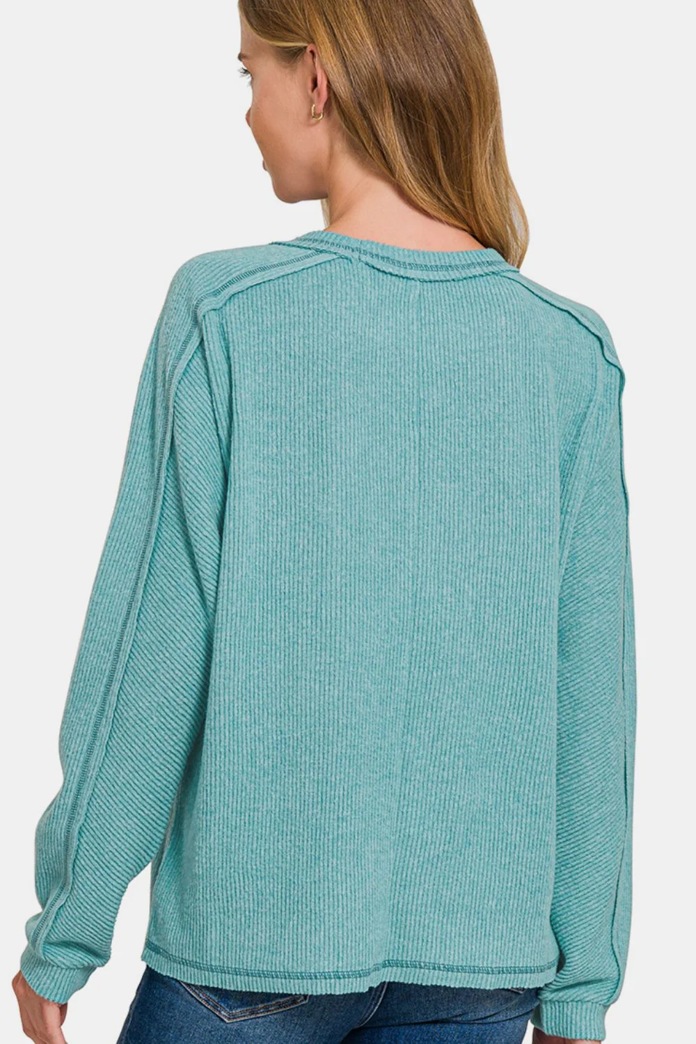 Zenana Full Size Contrast Stitching Brushed Ribbed Hacci Knit Top Plu Size - Stylemaxs