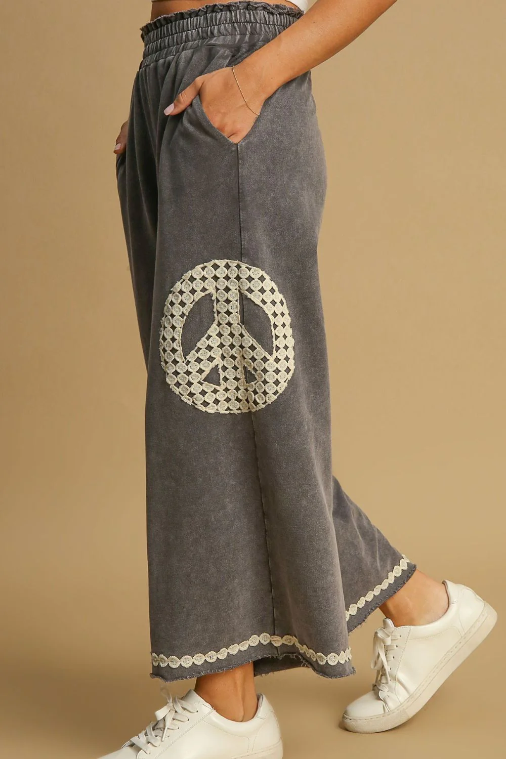 Umgee Full Size Peace Lace Applique Mineral Wash Wide Leg Pants Plus Size - Stylemaxs