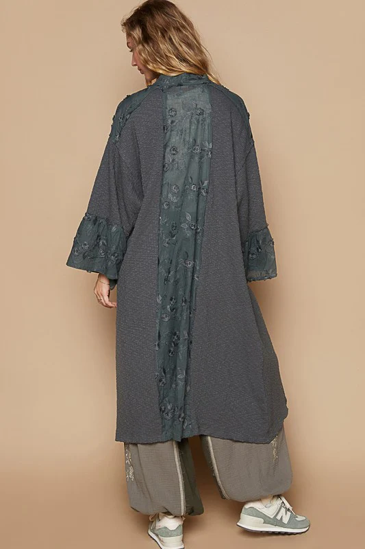 POL Flower Lace Trim Open Front Longline Cardigan - Stylemaxs