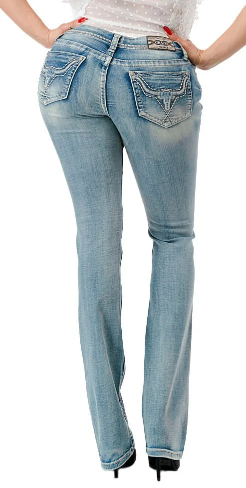 Grace in LA 3D Steer Head Mid Rise Bootcut Jeans - Stylemaxs