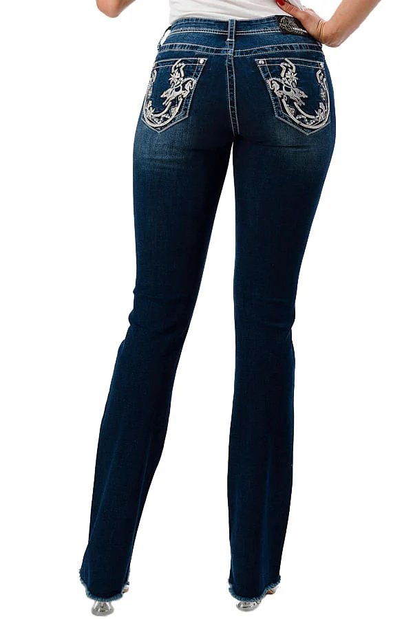 Grace in LA Women's Western Horseshoe Embellished Mid Rise Stretch Bootcut Jeans - Stylemaxs