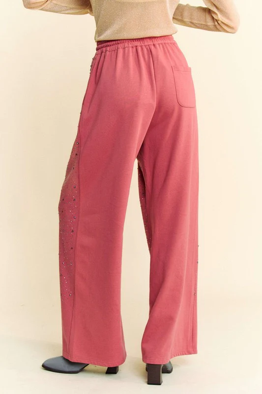 Davi & Dani Rhinestone Drawstring Wide Leg Pants - Stylemaxs