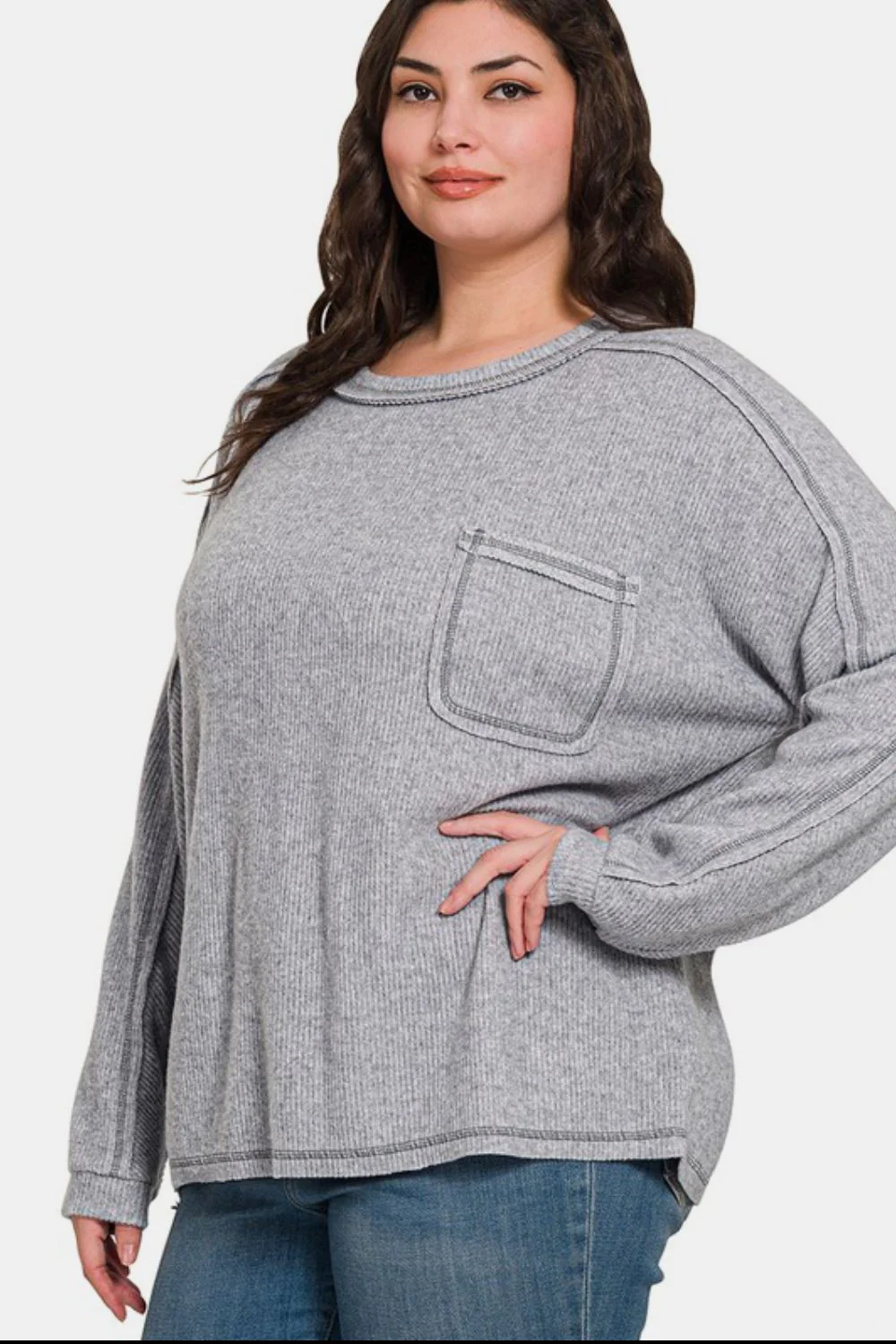 Zenana Full Size Contrast Stitching Brushed Ribbed Hacci Knit Top - Stylemaxs