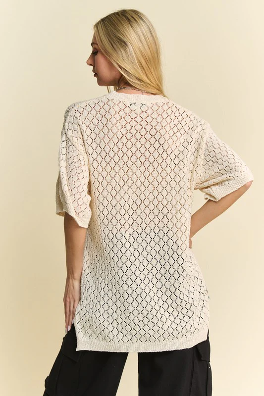 Davi & Dani Side Slit Openwork Round Neck Half Sleeve Knit Cover Up - Stylemaxs