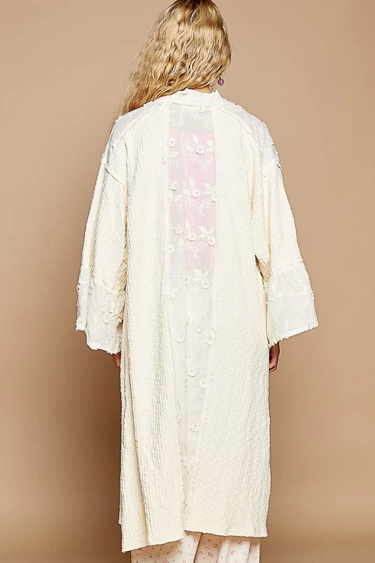 POL Flower Lace Trim Open Front Longline Cardigan - Stylemaxs