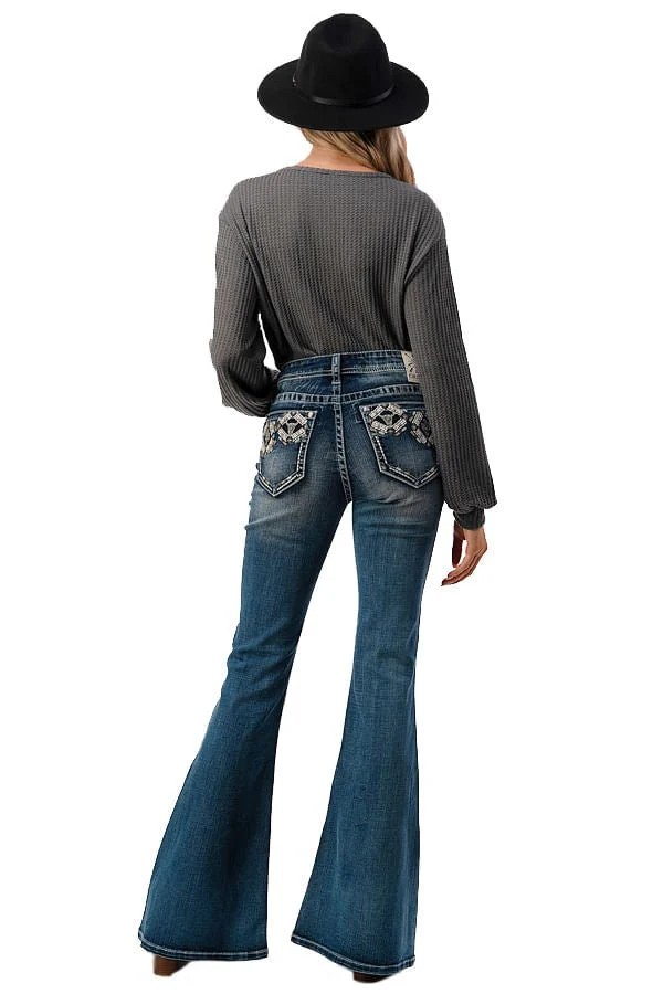 Grace in LA Aztec Embellished Mid Rise Flare Jeans - Stylemaxs