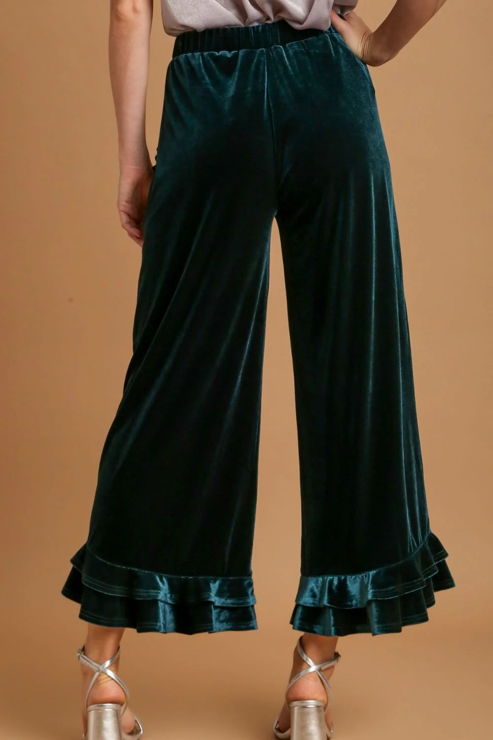 Umgee Full Size Wide Fit Ruffle Velvet Pants with Embroidered Pockets Plus Size - Stylemaxs