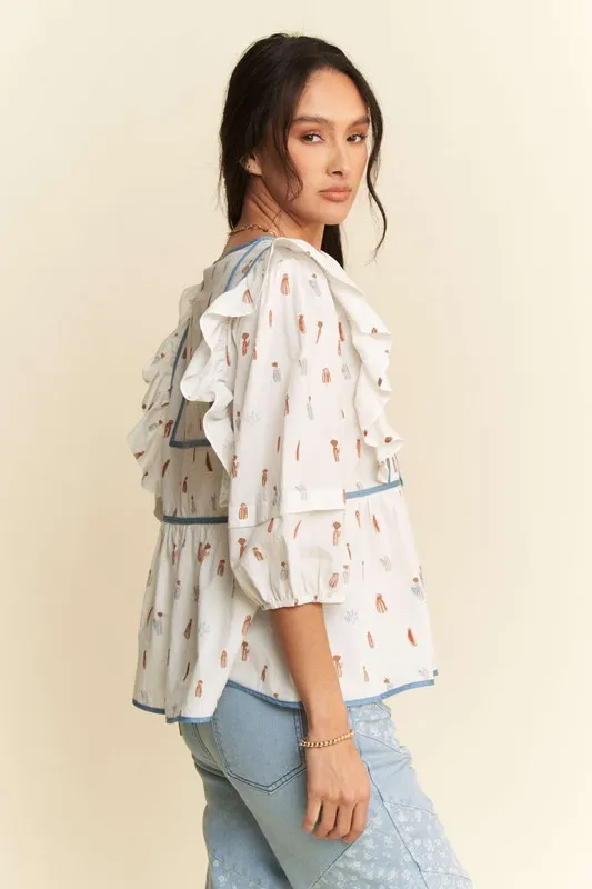 Davi & Dani Cactus Conversational Denim Binding Bodice Blouse - Stylemaxs