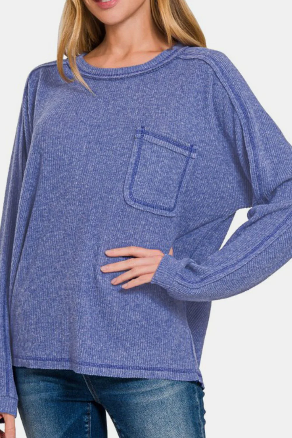 Zenana Full Size Contrast Stitching Brushed Ribbed Hacci Knit Top - Stylemaxs