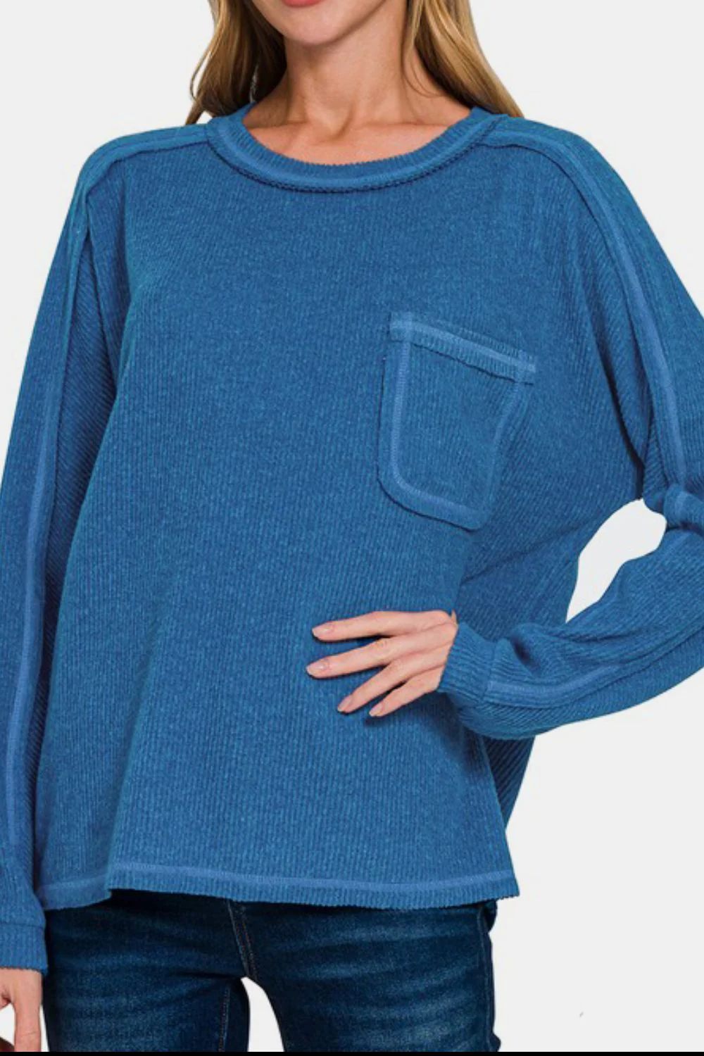 Zenana Full Size Contrast Stitching Brushed Ribbed Hacci Knit Top Plus Size - Stylemaxs