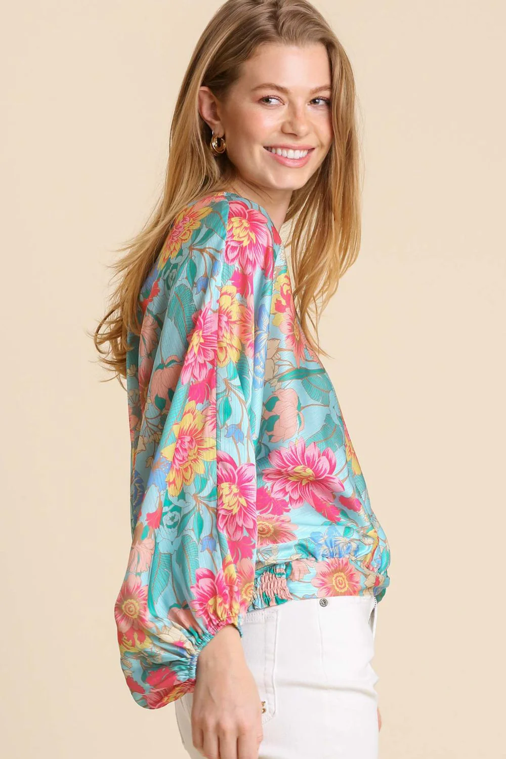 Umgee USA Full Size Floral Print Smocked Back Hem V-Neck Blouse Plus Size - Stylemaxs