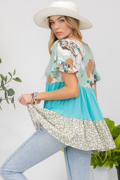 Celeste Printed Color Block Ruffled Short Sleeve Top - Stylemaxs