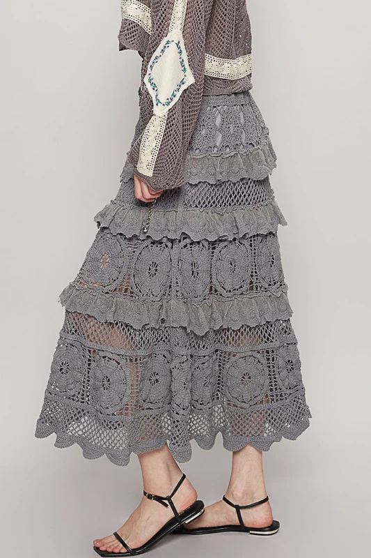 POL Crochet Lace Ruffled Midi Skirt - Stylemaxs