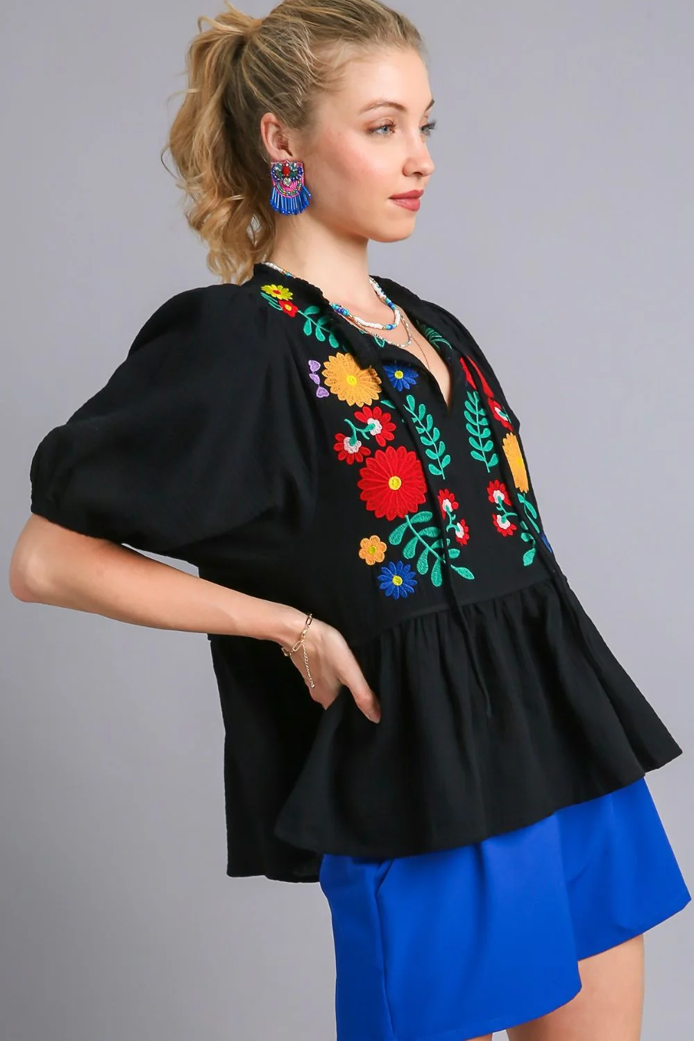 Umgee Full Size Cotton Gauze Floral Embroidery Babydoll Blouse Plus Size - Stylemaxs