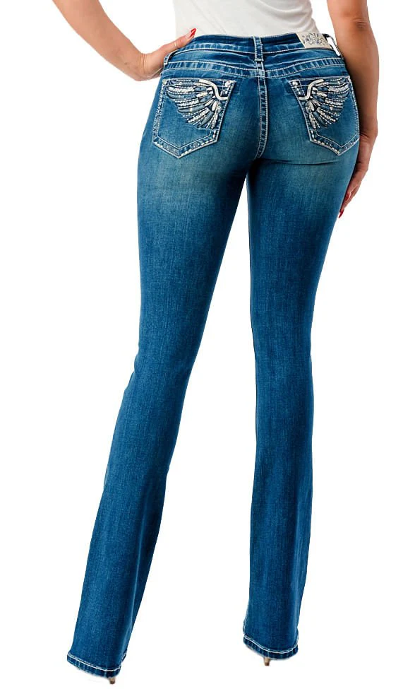 Grace in LA Wing Embroidered Mid Rise Bootcut Jeans - Stylemaxs