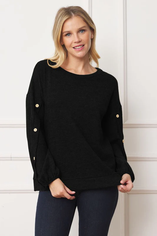 Drop Shoulder Button Sleeve Detail Top - Stylemaxs
