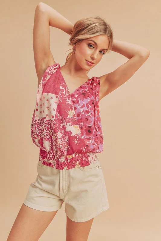 Aemi + Co Smocked Hem Printed Surplice Tank - Stylemaxs