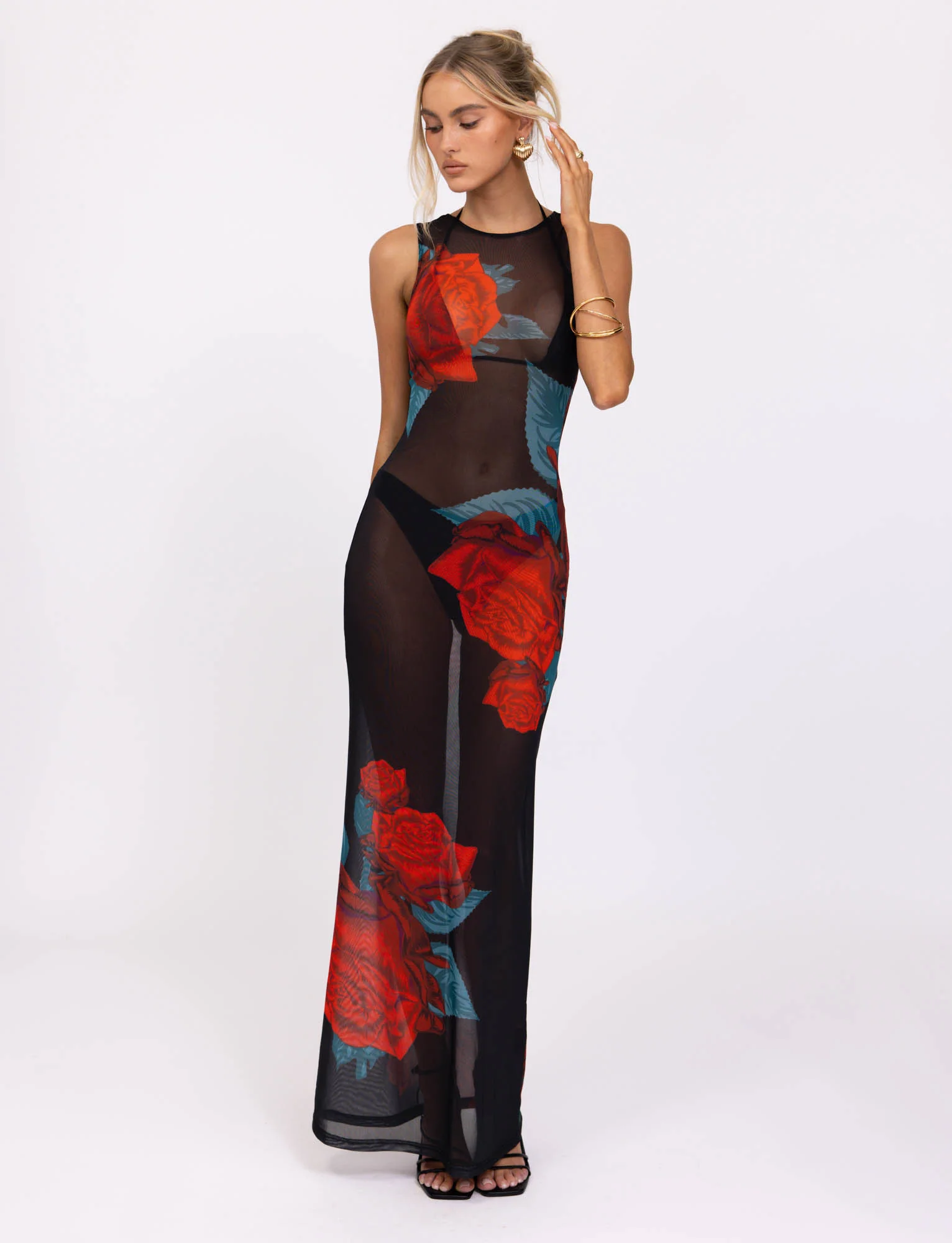 JOZIE THREE PIECE DRESS - BLACK : MACRO ROSE - RED ROSE - Stylemaxs