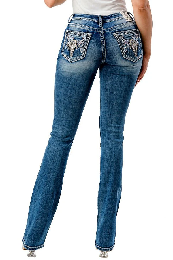 Grace in LA Steer Head Embroidered Mid Rise Bootcut Jeans - Stylemaxs