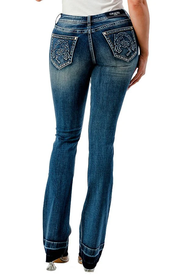 Grace in LA 3D Horse Mid Rise Bootcut Jeans - Stylemaxs