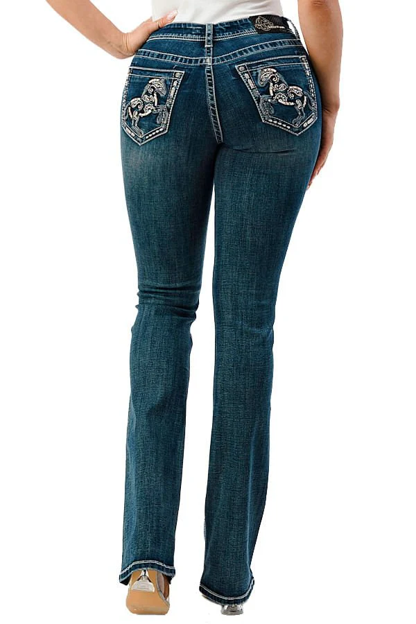 Grace in LA Horse Embroidered Mid Rise Bootcut Jeans - Stylemaxs