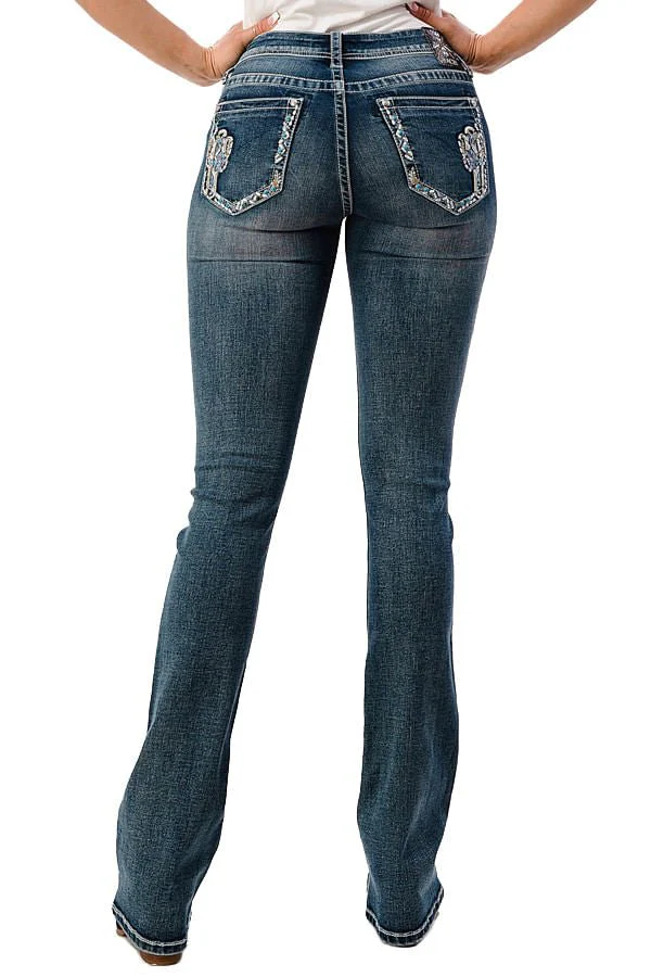Grace in LA Cactus Embellished Mid Rise Bootcut Jeans - Stylemaxs