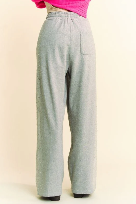 Davi & Dani Rhinestone Elastic Waist Wide Leg Pants - Stylemaxs