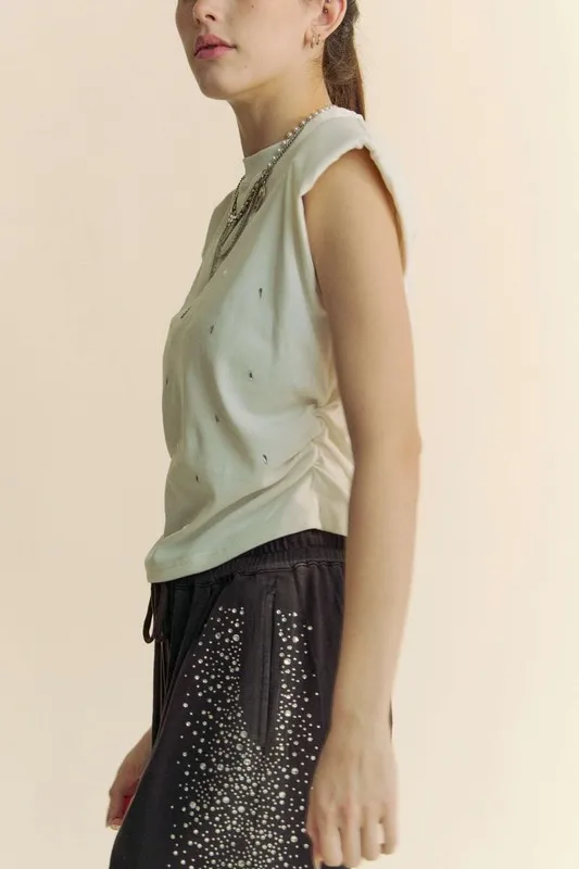 Davi & Dani Solid Mock Neck Short Sleeve Jewel Crop Top - Stylemaxs