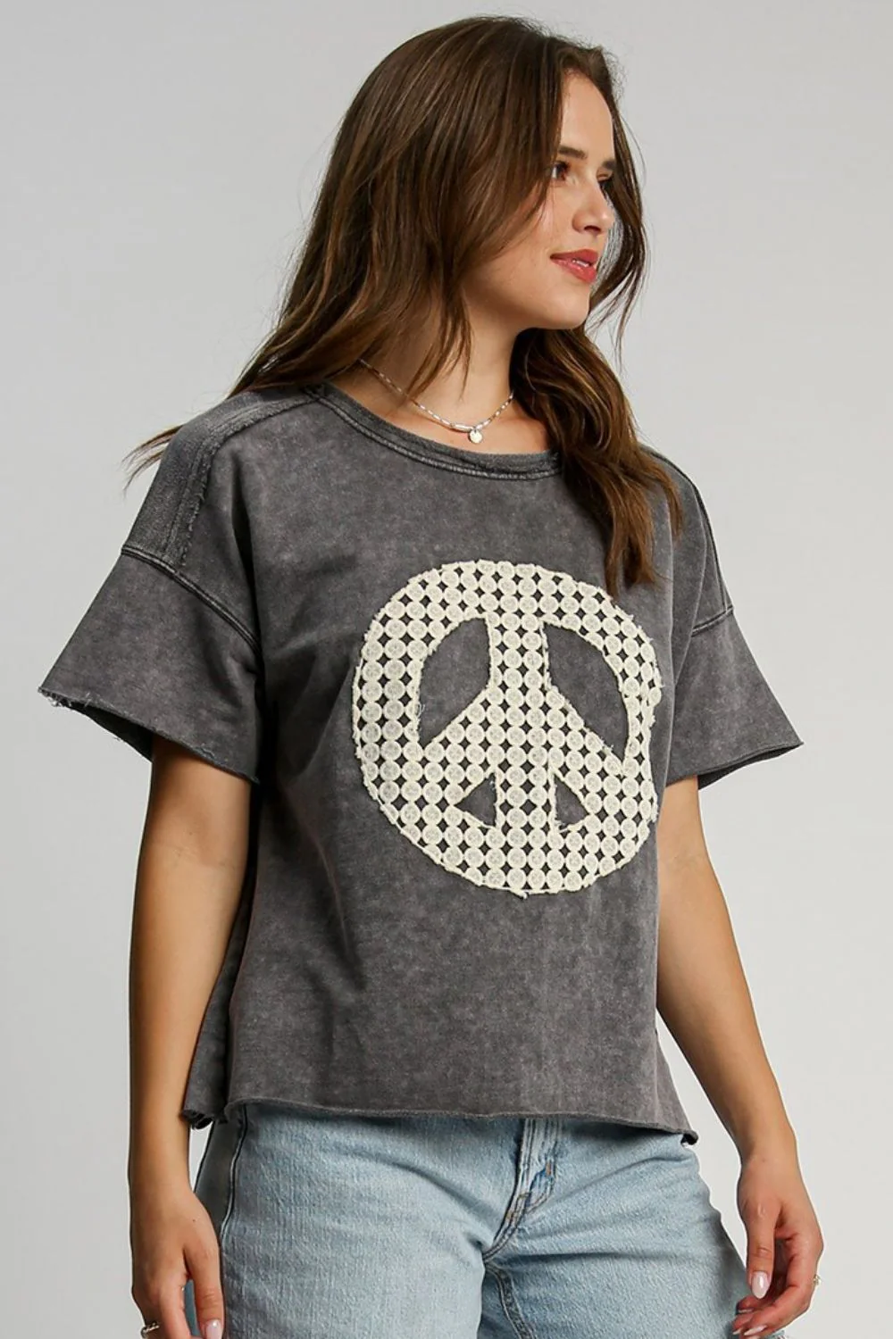 Umgee Full Size Mineral Wash T-Shirt with Lace Applique Plus Size - Stylemaxs