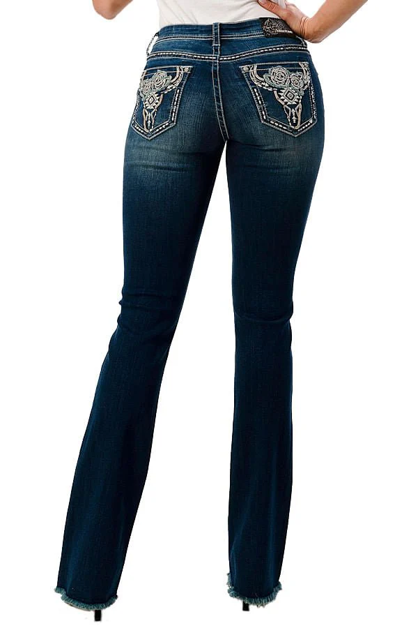 Grace in LA Floral Steer Head Embellished Mid Rise Bootcut Jeans - Stylemaxs